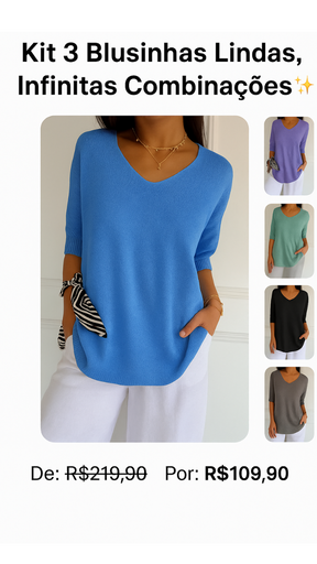 Kit 3 Blusas Luna® em Malha Leve – Decote V Elegante