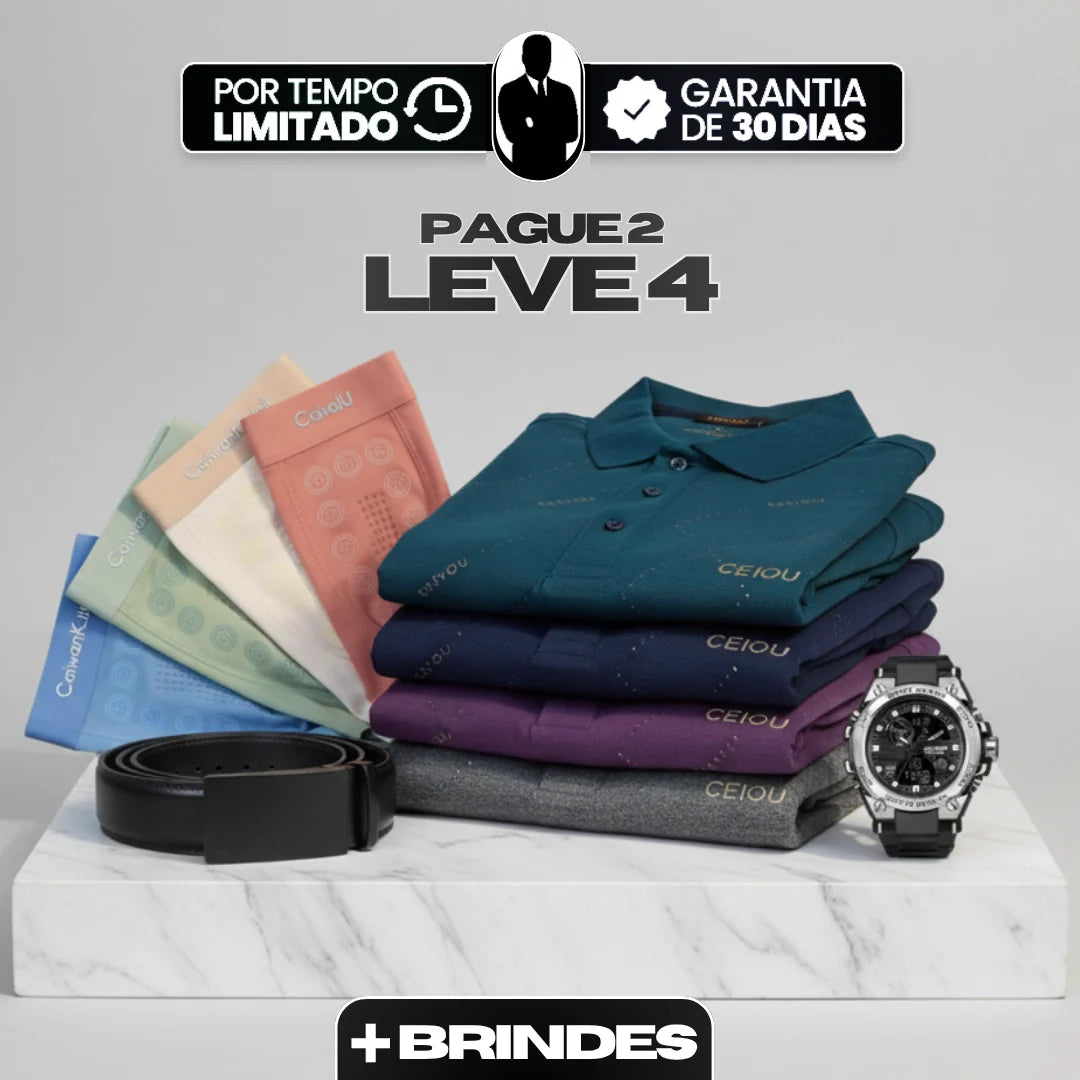 [Leve 4, Pague Só 2] Camisa Polo Masculina Ravelli Manga Longa em Poliéster com Forro Térmico Flanelado + BRINDES: 4 Cuecas, Relógio e Cinto